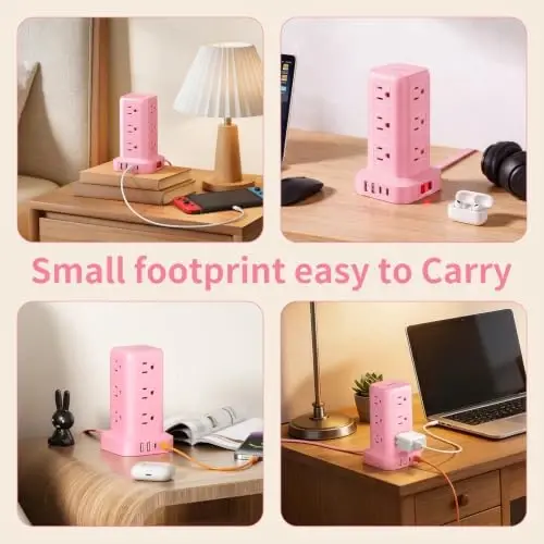 Extension Cord with Multiple Outlets, SMALLRT Power Strip Tower, Outlet Extender with 12 AC Outlets 4 USB, 6.5FT Extension Cord for Home Dorm Room, Office Supplies, Pink - 5