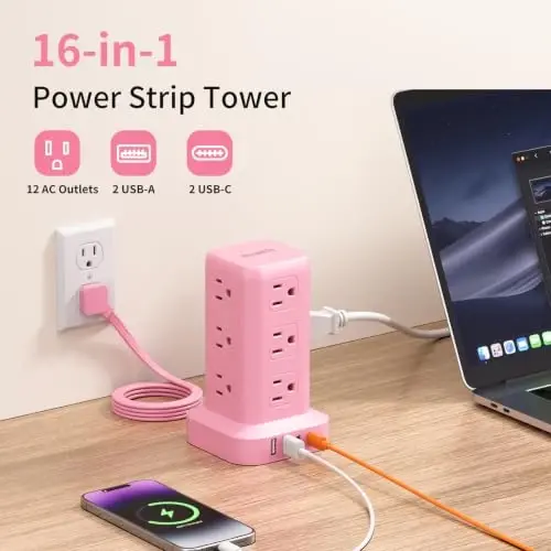 Extension Cord with Multiple Outlets, SMALLRT Power Strip Tower, Outlet Extender with 12 AC Outlets 4 USB, 6.5FT Extension Cord for Home Dorm Room, Office Supplies, Pink - 6