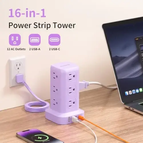 Extension Cord with Multiple Outlets, SMALLRT Power Strip Tower, Outlet Extender with 12 AC Outlets 4 USB, 6.5FT Extension Cord for Home Dorm Room, Office Supplies, Purple - 1