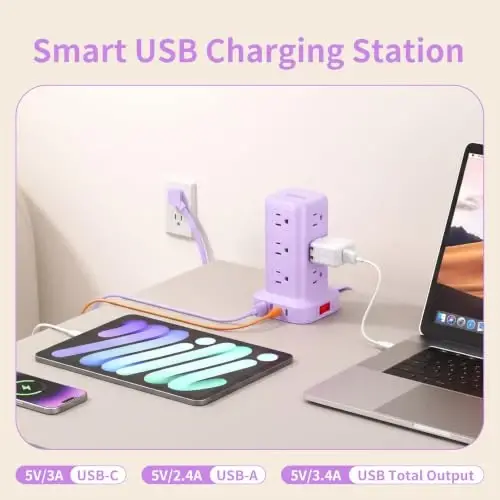 Extension Cord with Multiple Outlets, SMALLRT Power Strip Tower, Outlet Extender with 12 AC Outlets 4 USB, 6.5FT Extension Cord for Home Dorm Room, Office Supplies, Purple - 3