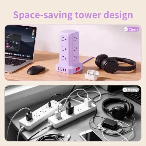 Extension Cord with Multiple Outlets, SMALLRT Power Strip Tower, Outlet Extender with 12 AC Outlets 4 USB, 6.5FT Extension Cord for Home Dorm Room, Office Supplies, Purple - 4