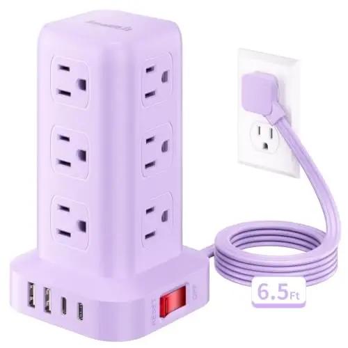 Extension Cord with Multiple Outlets, SMALLRT Power Strip Tower, Outlet Extender with 12 AC Outlets 4 USB, 6.5FT Extension Cord for Home Dorm Room, Office Supplies, Purple - 6