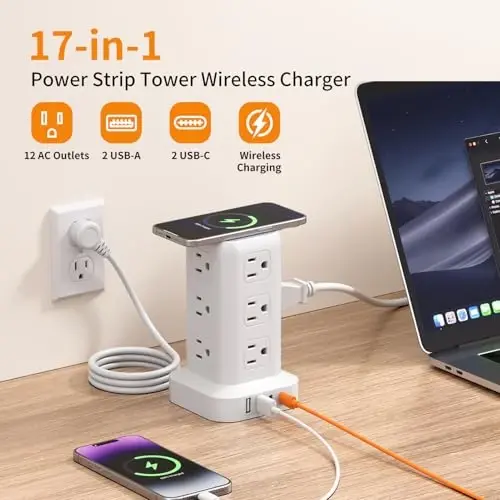 Extension Cord with Multiple Outlets, SMALLRT Power Strip Tower, Outlet Extender with 12 AC Outlets 4 USB, 6.5FT Extension Cord for Home Dorm Room, Office Supplies,Overload Protection - 1
