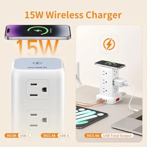 Extension Cord with Multiple Outlets, SMALLRT Power Strip Tower, Outlet Extender with 12 AC Outlets 4 USB, 6.5FT Extension Cord for Home Dorm Room, Office Supplies,Overload Protection - 5