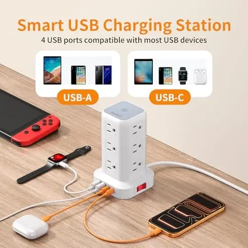 Extension Cord with Multiple Outlets, SMALLRT Power Strip Tower, Outlet Extender with 12 AC Outlets 4 USB, 6.5FT Extension Cord for Home Dorm Room, Office Supplies,Overload Protection - SMALLRT (1)