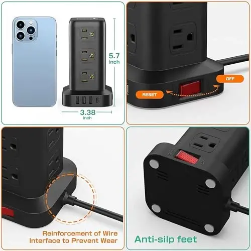 Extension Cord with Multiple Outlets, Surge Protector Power Strip Tower, 12 AC 4 USB，Surge Protector Tower 6.5FT Overload Protection for Home Office - 4