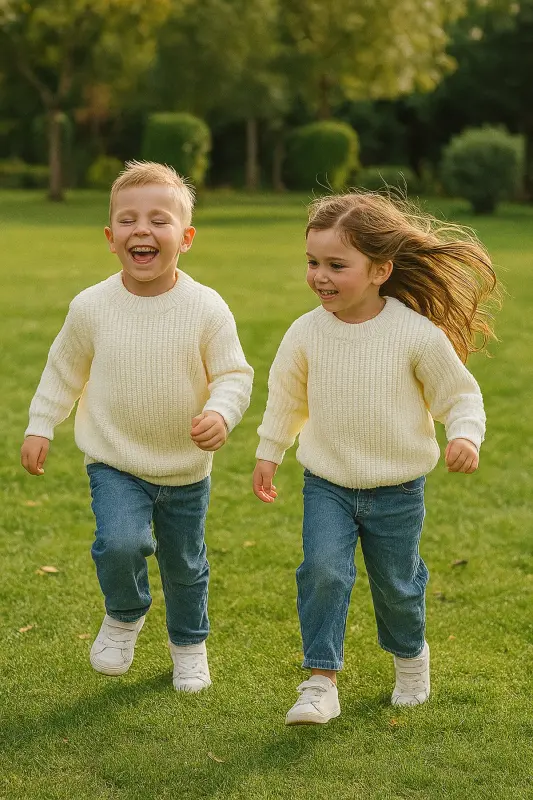 Esnek Bisiklet Yaka Selanik Örgü Unisex Bebek ve Çocuk Kazak-Ekru - 1