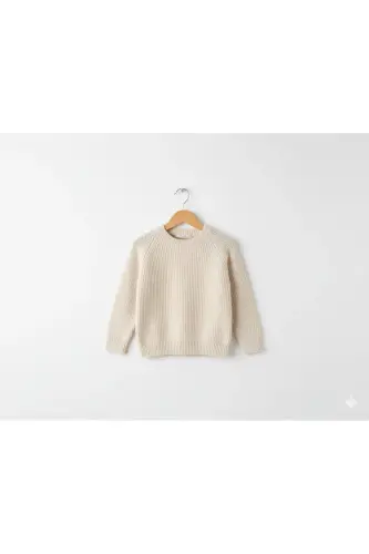 Esnek Bisiklet Yaka Selanik Örgü Unisex Bebek ve Çocuk Kazak-Ekru - 3