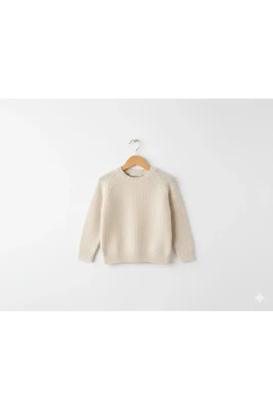 Esnek Bisiklet Yaka Selanik Örgü Unisex Bebek ve Çocuk Kazak-Ekru - 3