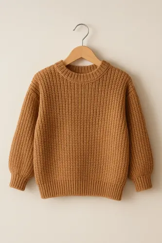 Esnek Bisiklet Yaka Selanik Örgü Unisex Bebek ve Çocuk Kazak-kahve 