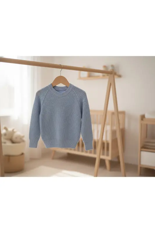 Extra Esnek Bisiklet Yaka Unisex Bebek & Çocuk Kazak (0-8 Yaş)-Buz Mavi - 2