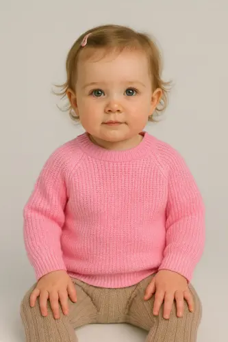 Extra Esnek Bisiklet Yaka Unisex Bebek & Çocuk Kazak (0-8 Yaş)-Pembe 