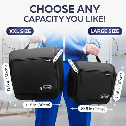 Extra Large (11.8”x11.8”x4”) Erkaklar va ayollar uchun osilgan sayohat tualet sumkasi - Yelkali Kosmetik Sayohat Sumkasi - Metall ilgakli suv o'tkazmaydigan gigiyena sumkasi va tualet buyumlari uchun 19 ta bo'linma - 4