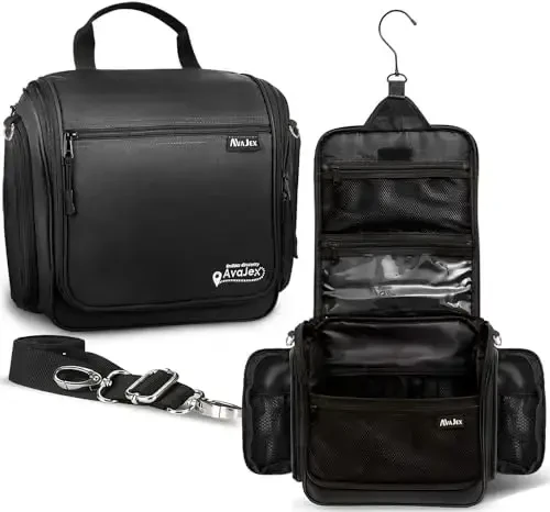 Extra Large (11.8”x11.8”x4”) Hanging Travel Toiletry Bag for Men and Women - Cosmetic Travel Bag With Shoulder Strap - Waterproof Hygiene Bag with Metal Swivel Hook and 19 Compartments for Toiletries - 1