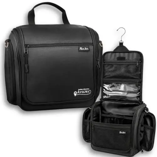 Extra Large (11.8”x11.8”x4”) Hanging Travel Toiletry Bag for Men and Women - Cosmetic Travel Bag With Shoulder Strap - Waterproof Hygiene Bag with Metal Swivel Hook and 19 Compartments for Toiletries - 1