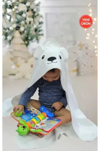 Extra Soft Cotton Unisex Newborn/Baby Bath Swaddle Towel White/Polar Bear-WHITE2 - 2