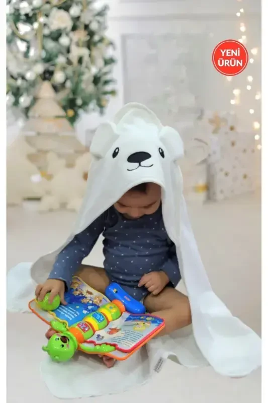 Extra Soft Cotton Unisex Newborn/Baby Bath Swaddle Towel White/Polar Bear-WHITE2 - 2