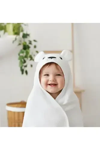 Extra Soft Cotton Unisex Newborn/Baby Bath Swaddle Towel White/Polar Bear-WHITE2 - 5
