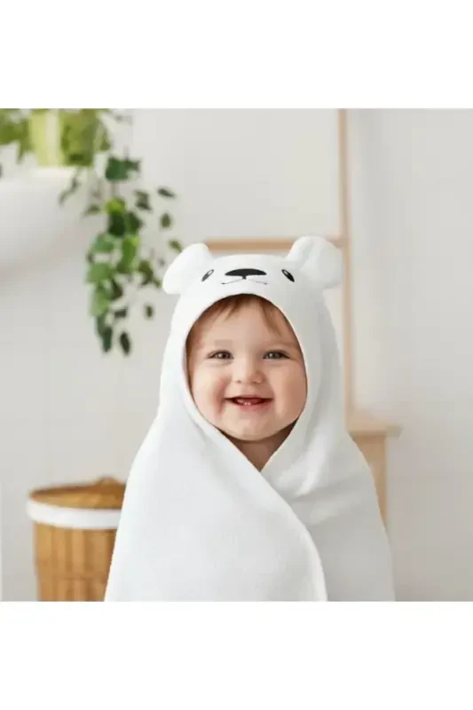 Extra Soft Cotton Unisex Newborn/Baby Bath Swaddle Towel White/Polar Bear-WHITE2 - 5