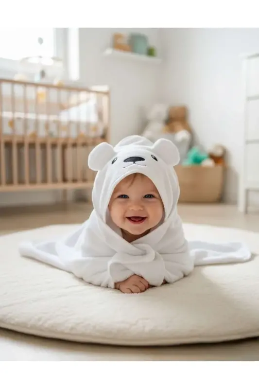 Extra Soft Cotton Unisex Newborn/Baby Bath Swaddle Towel White/Polar Bear-WHITE2 - 1