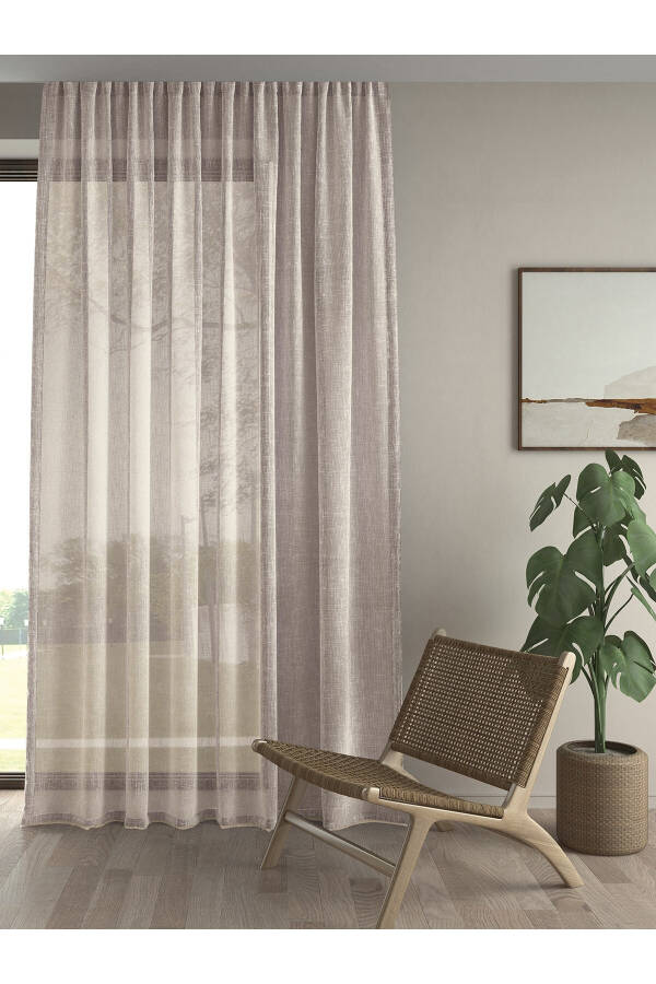 Extra-Wide Sheer Curtain with Linen Look, Wrinkled, Linen Color, High Quality - 1