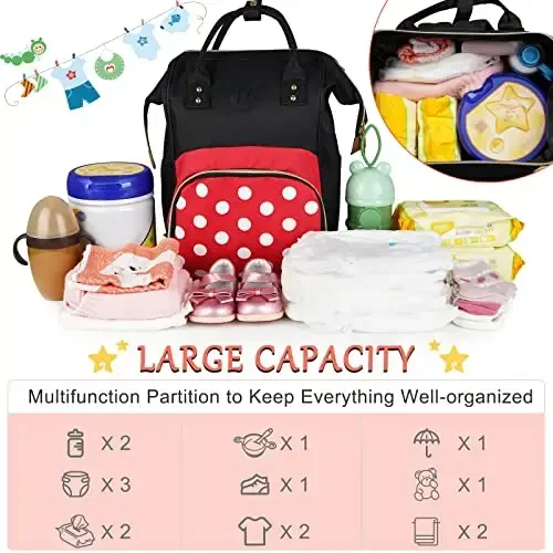 Exttlliy Baby Diaper Bag Backpack, Large Capacity Waterproof Multi-Function Fashion Polka Dots Travel Bag Pack, Nursing Bag - 3