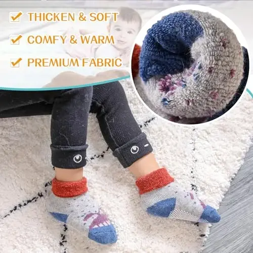 Eyean Baby Wool Grip Paypoq Yumshoq Qishki Issiq Qalin Sirpanmaydigan Bola O'g'il Qizlar Bolalar uchun paypoq 6 juft - 3