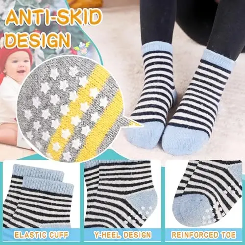 Eyean Baby Wool Grip Paypoq Yumshoq Qishki Issiq Qalin Sirpanmaydigan Bolalar O'g'il Qizlar Paypoqlari Bolalar uchun 6 juft - 4
