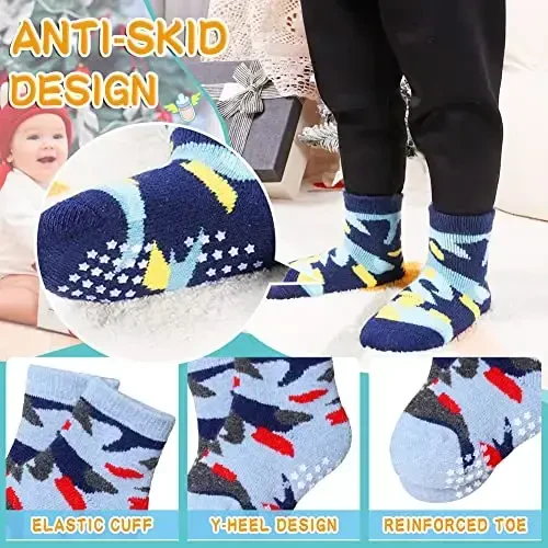 Eyean Baby Wool Grip Paypoq Yumshoq Qishki Issiq Qalin Sirpanmaydigan Chaqaloq O'g'il Qizlar Bolalar uchun paypoq 6 juft - 4