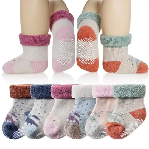Eyean Baby Wool Grip Sock Soft Winter Warm Thick Non Slip Toddler Boy Girls Crew Socks For Children 6 Pairs - 1