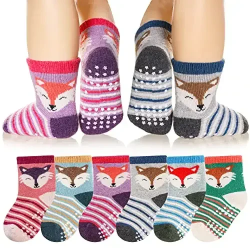 Eyean Baby Wool Grip Sock Soft Winter Warm Thick Non Slip Toddler Boy Girls Crew Socks For Children 6 Pairs 