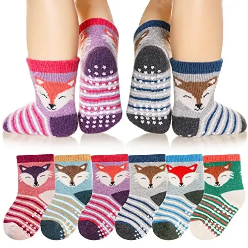 Eyean Baby Wool Grip Sock Soft Winter Warm Thick Non Slip Toddler Boy Girls Crew Socks For Children 6 Pairs 