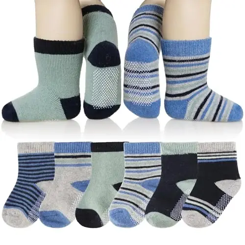 Eyean Baby Wool Grip Sock Soft Winter Warm Thick Non Slip Toddler Boy Girls Crew Socks For Children 6 Pairs 