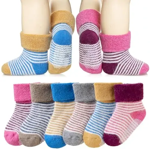 Eyean Baby Wool Grip Sock Soft Winter Warm Thick Non Slip Toddler Boy Girls Crew Socks For Children 6 Pairs 
