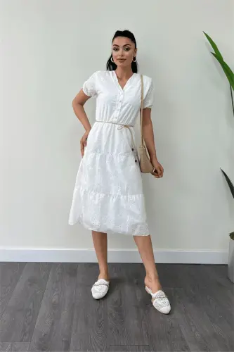Eyelet Fabric Button Detailed Mini Dress - WHITE - 1