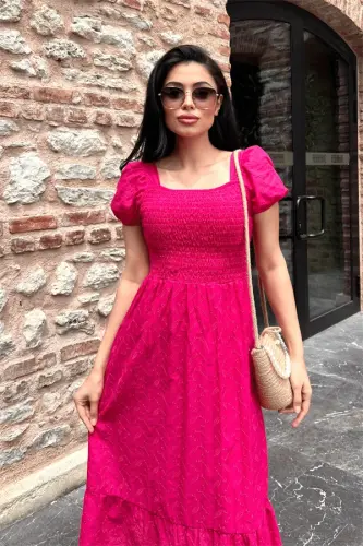 Eyelet Fabric Chest Elastic Shirred Midi Dress - FUCHSIA - 3