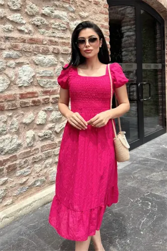 Eyelet Fabric Chest Elastic Shirred Midi Dress - FUCHSIA - 4