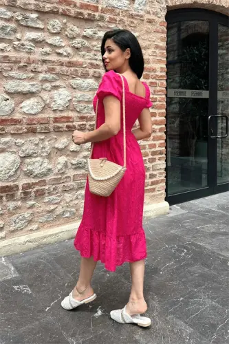 Eyelet Fabric Chest Elastic Shirred Midi Dress - FUCHSIA - 5