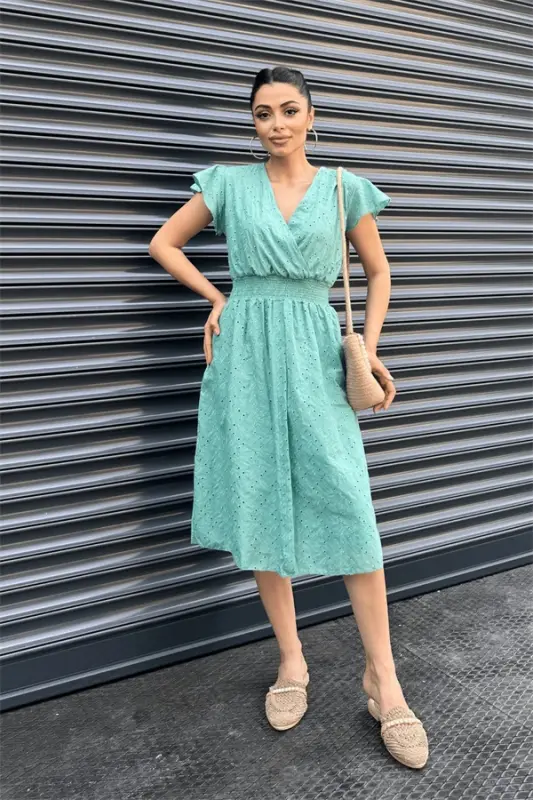 Eyelet Fabric Crossover Dress - GREEN - 1