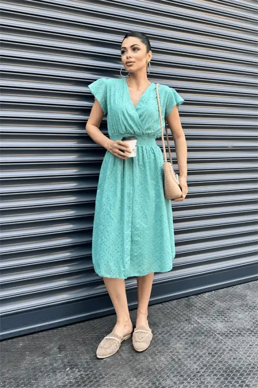 Eyelet Fabric Crossover Dress - GREEN - 2