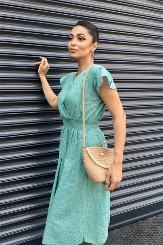 Eyelet Fabric Crossover Dress - GREEN - 3