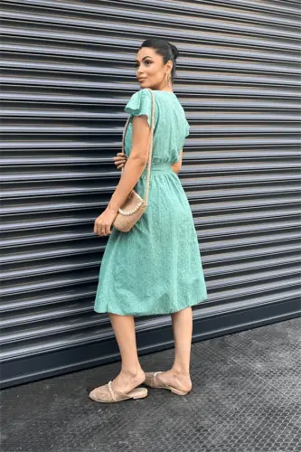Eyelet Fabric Crossover Dress - GREEN - 5