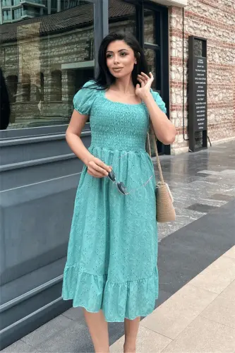 Eyelet Fabric Elastic Shirred Bust Midi Dress - SEA GREEN - BÜYÜKBEDENIZ (1)