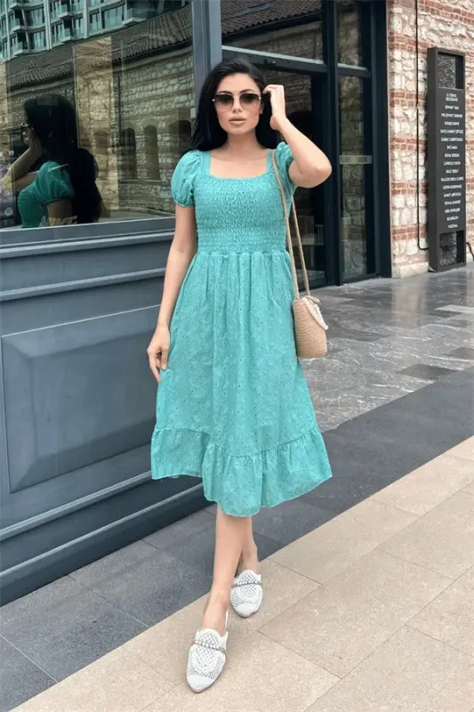Eyelet Fabric Elastic Shirred Bust Midi Dress - SEA GREEN - 3