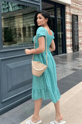 Eyelet Fabric Elastic Shirred Bust Midi Dress - SEA GREEN - 5