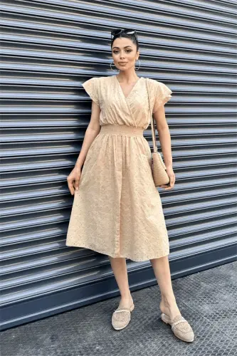 Eyelet Fabric Wrap Dress - CREAM - 1