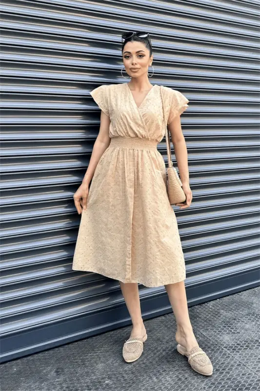 Eyelet Fabric Wrap Dress - CREAM - BÜYÜKBEDENIZ