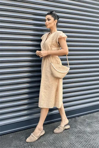 Eyelet Fabric Wrap Dress - CREAM - BÜYÜKBEDENIZ (1)