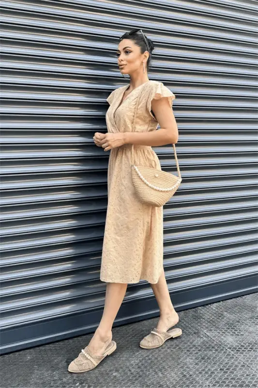 Eyelet Fabric Wrap Dress - CREAM - 2