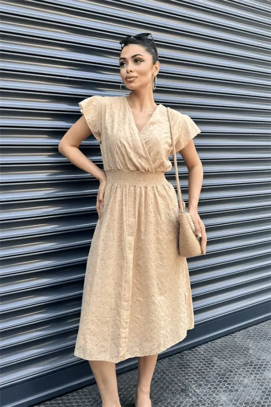 Eyelet Fabric Wrap Dress - CREAM - 3